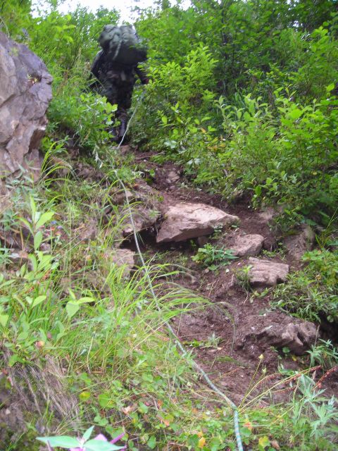 2003 Jeep TJ - A person hikes up a challenging, overgrown trail in a wooded area.