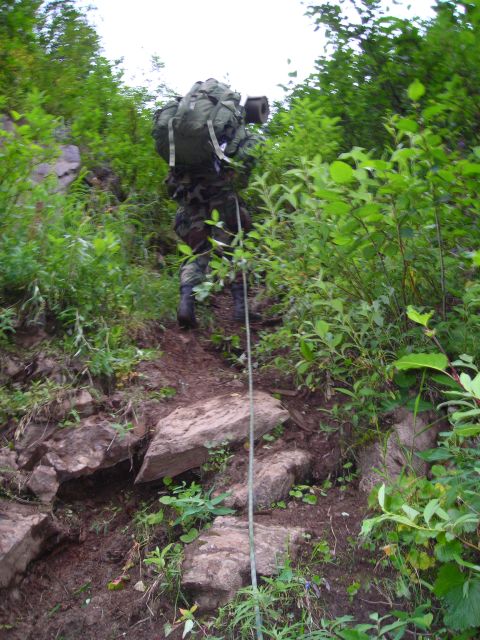 2003 Jeep TJ - A person ascends a challenging, vegetated slope, using a rope for assistance.