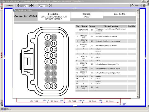 2003 Ford Crown Victoria - Wiring connector pinout diagram for connector C3043 listing pin numbers, wire colors, gauges, and circuit functions.