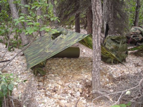 2003 Jeep TJ - A makeshift shelter constructed from a camouflage tarp is visible in a wooded area.