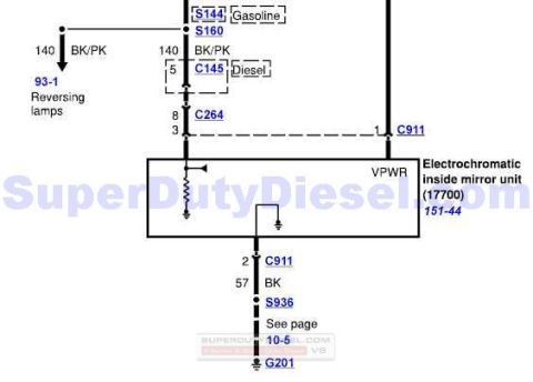 2002 Ford Excursion - This diagram illustrates the electrical connections for an electrochromatic inside mirror unit, referencing different pages for details.