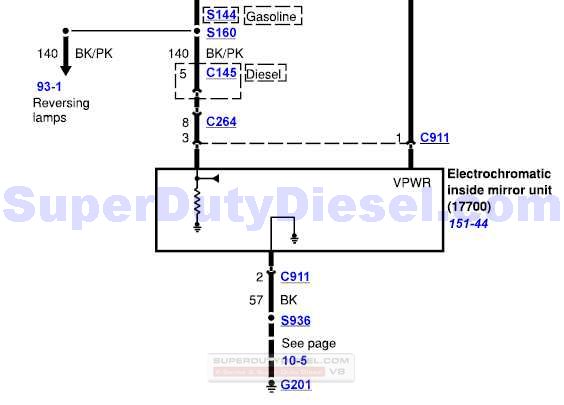 Electrochromatic mirror wiring diagram with color-coded wires and splice/connector IDs