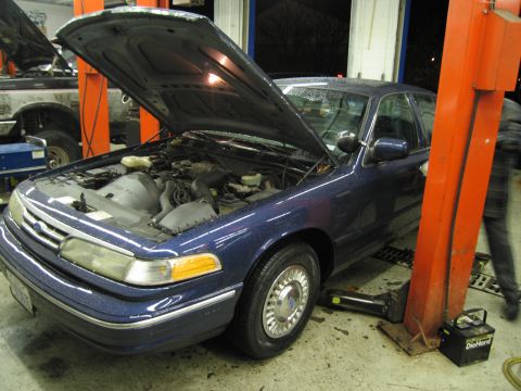 1991 Ford LTD Crown Victoria - A 1991 Ford Crown Victoria LTD is shown with its hood open, positioned on a car lift in a service bay.