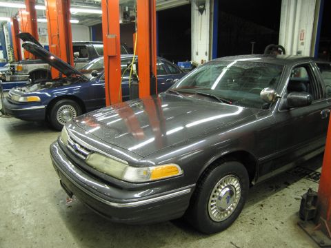 1991 Ford LTD Crown Victoria - Two cars are parked in a service bay, one dark and one blue, with hoods open on the blue car.
