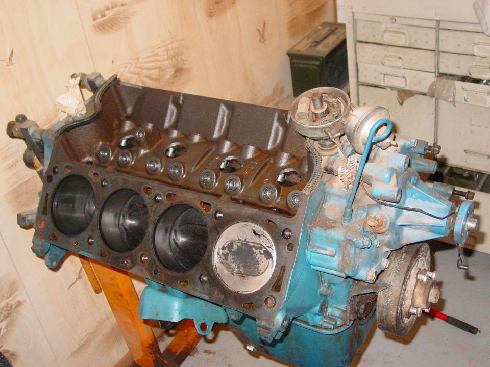 Blue engine block with distributor and timing chain cover