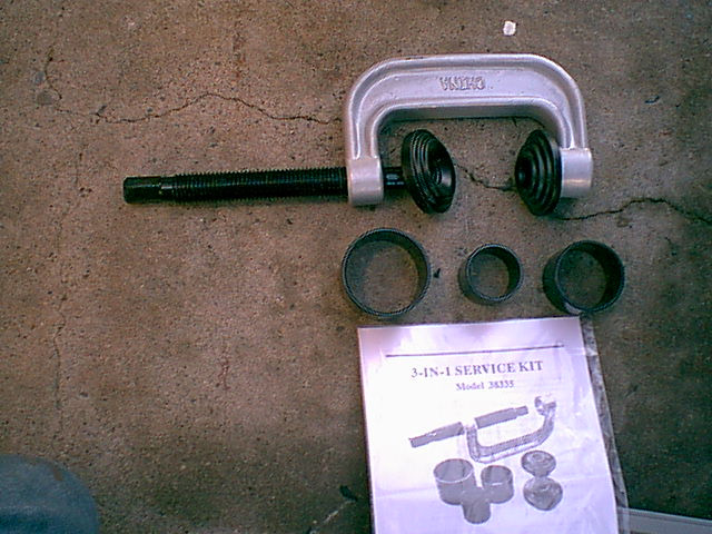 This is a great tool to own or rent. it is a ball joint press. Harbor freight sell them on sale for $29. it does Ball joinys, U-Joints, axle bushings....