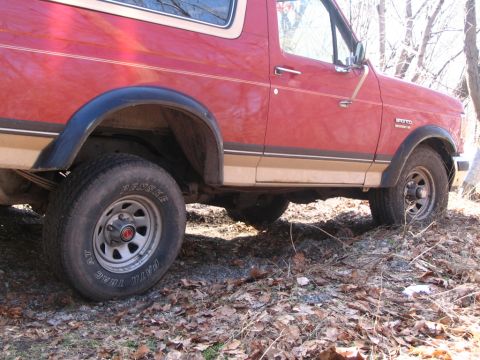 1989 Ford Bronco - This 1989 Ford Bronco is shown from the side, parked on a dirt and leaf-covered surface.