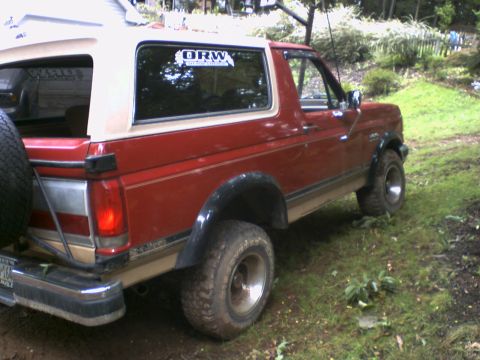 1989 Ford Bronco - This red Ford Bronco is parked off-road, showing its rear quarter panel and spare tire.