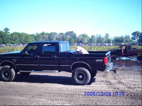 1987 Suzuki Samurai - This 1992 Ford F-Series pickup truck is seen with another vehicle in the mud, and a dog in its bed.