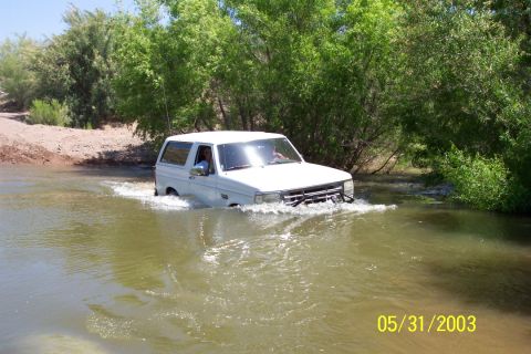 1993 Ford Bronco - A white SUV navigates through a shallow body of water surrounded by lush green trees.