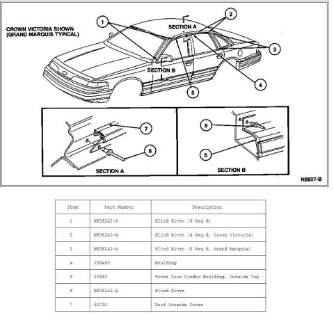 1996 Mercury Grand Marquis - Technical diagram illustrates the placement of blind rivets and mouldings on a vehicle.