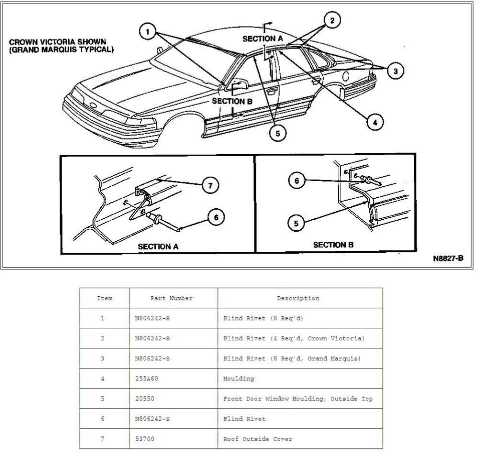 Exploded view of Crown Victoria roof/door moulding and rivets with item numbers and parts table