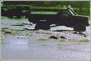 1976 Chevrolet Silverado 2500 - Trucks navigate a muddy terrain, likely during an off-road event.