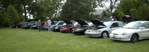 1997 Ford Taurus - A gathering of Ford Taurus vehicles parked on a grassy lawn with trees in the background.