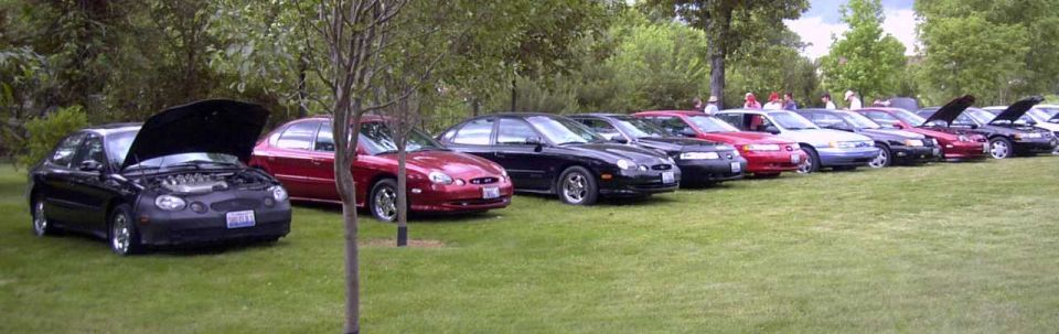 Several 1997 Ford Taurus sedans parked in a row on grass, some with hoods open