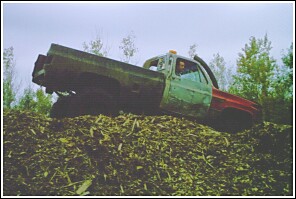 1976 Chevrolet Silverado 2500 - Pickup truck with visible damage sits atop a mound of wood chips.