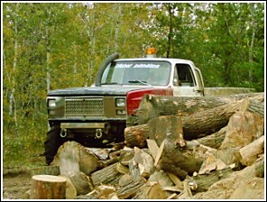 1976 Chevrolet Silverado 2500 - A modified Chevrolet pickup truck navigates a challenging off-road course with large logs.