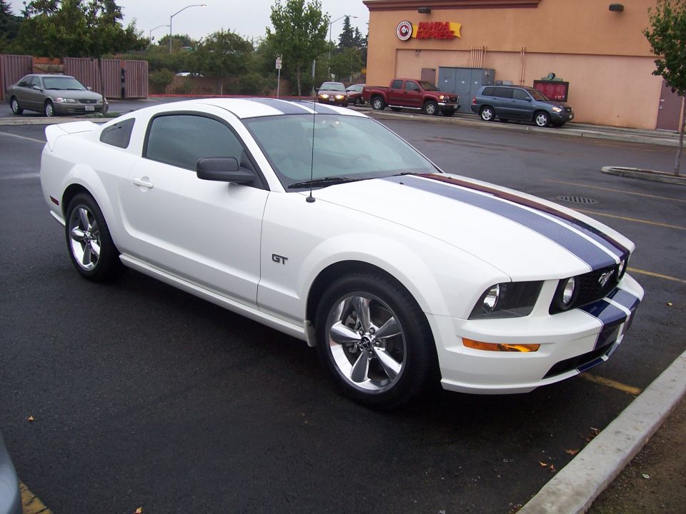 White Ford Mustang GT with blue racing stripes parked on asphalt