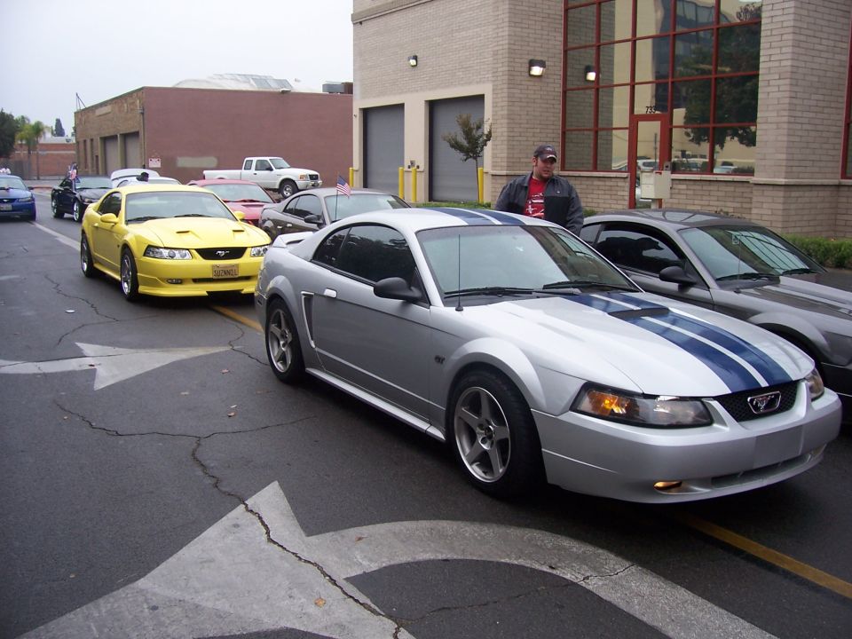 Silver 2002 Ford Mustang with blue stripes parked in a line of cars