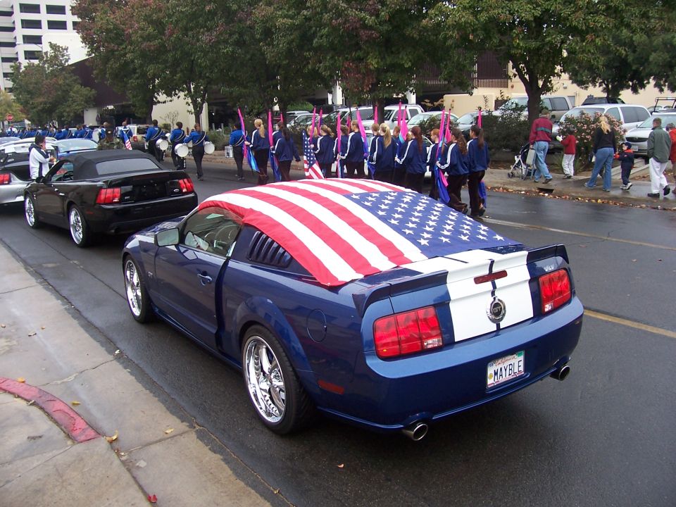 Blue Ford Mustang with American flag on rear, seen from rear