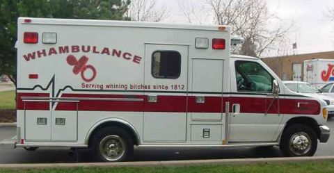 1989 Ford Bronco - A white ambulance-style van shown in side profile with red graphics, humorously labeled "WHAMBULANCE" with a pacifier icon and the text "Se…