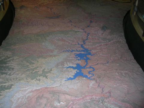 1975 Ford Ranchero - A detailed topographical map model displays a winding river and surrounding arid terrain.