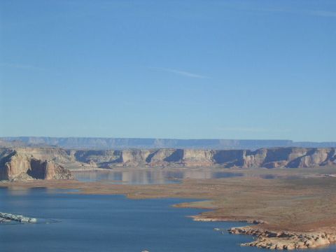 1975 Ford Ranchero - A vast landscape of Lake Powell and surrounding desert canyons under a bright blue sky.