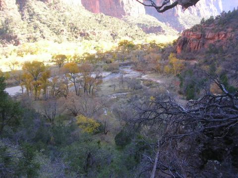 1975 Ford Ranchero - A scenic view of a valley with a river winding through it, surrounded by mountains and trees displaying fall foliage.