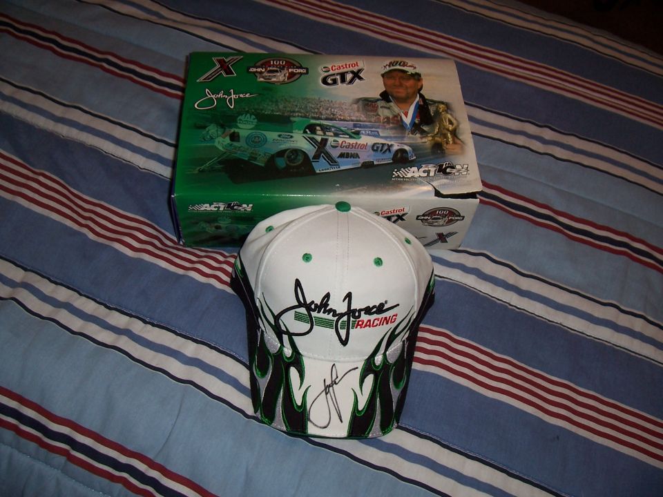 John Force racing hat and box with drag car graphic and driver photo