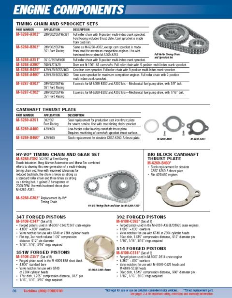 1990 Ford Mustang - This document details various engine components, including timing chain and sprocket sets, camshaft thrust plates, and forged pistons.