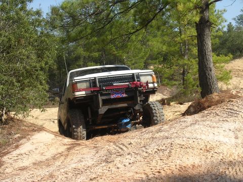 2006 Ford F-150 - A modified truck navigates a sandy, wooded trail with steep inclines.