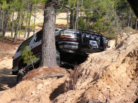 2006 Ford F-150 - Off-roading in a 1997 Ford F-Series truck, navigating a steep, sandy incline near a tree.