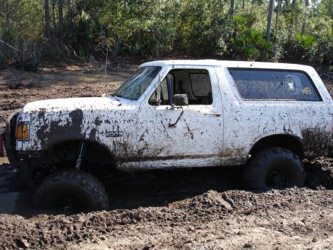 1989 Ford Bronco - This white Ford Bronco is deeply stuck in a muddy off-road area, with trees in the background.
