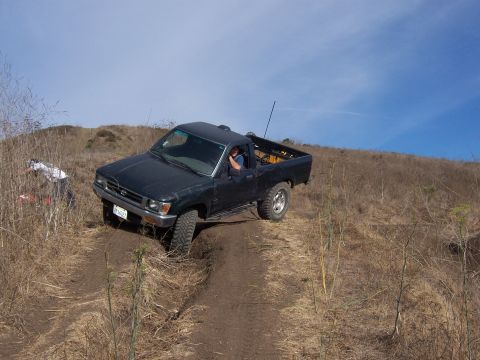 1995 Toyota Hilux - A black pickup truck navigates a dirt path on a dry, grassy hillside under a blue sky.