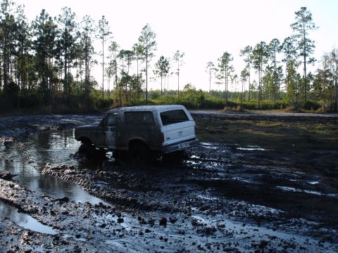 1989 Ford Bronco - A white Ford Bronco navigates a muddy terrain with trees in the background.
