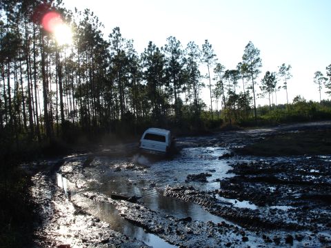1989 Ford Bronco - SUV stuck in mud pit during off-road excursion.