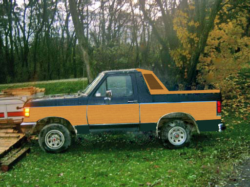 Ford Bronco with wood paneling and a camper shell, parked on grass