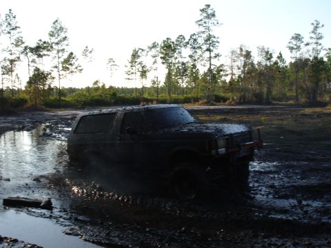 1989 Ford Bronco - A heavily muddied 1987 Ford Bronco is stuck in a waterlogged area with trees in the background.