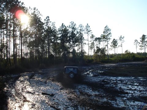 1989 Ford Bronco - A vehicle navigates a challenging muddy terrain under a bright sun.