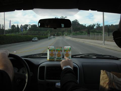 1998 Ford Crown Victoria - Point-of-view shot through a vehicle windshield down an open road, with three juice cartons propped on the dashboard.