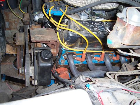 1983 Ford Bronco - Close-up of an engine bay blue valve covers with chrome flame decals and a visible water pump.