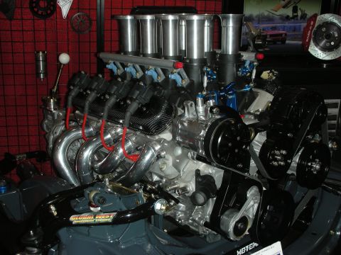 1998 Ford Crown Victoria - Display V8 engine fitted with a tall polished individual-runner throttle-body intake, red plug wires and serpentine accessory drive.