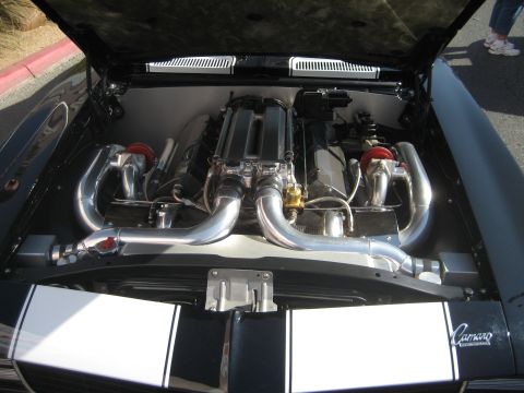 1998 Ford Crown Victoria - Custom engine bay with twin turbochargers and chrome accents, white racing stripes on the hood.