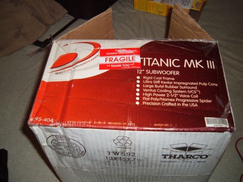 2006 Ford E350 - Box for a Dayton Loudspeaker Titanic Mk III 12" subwoofer shows product details and fragile warning.