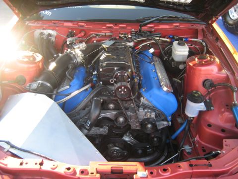 1998 Ford Crown Victoria - Customized engine bay a prominent supercharger and bright blue valve covers.