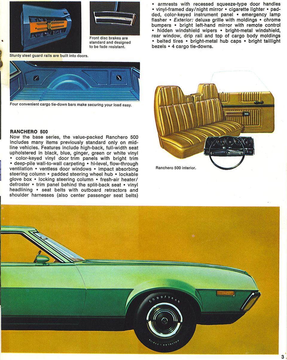 Ford Ranchero 500 brochure page with interior details and a green Ranchero illustration