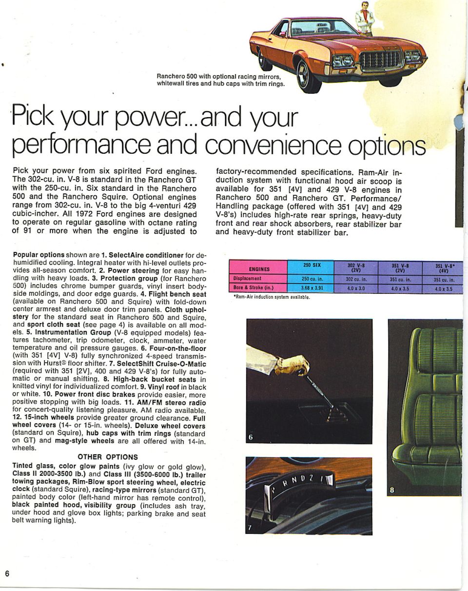 Ford Ranchero brochure page detailing engine and option choices