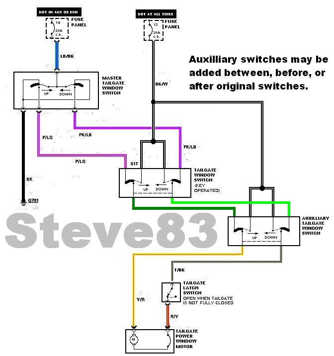 Color-coded tailgate power window wiring diagram