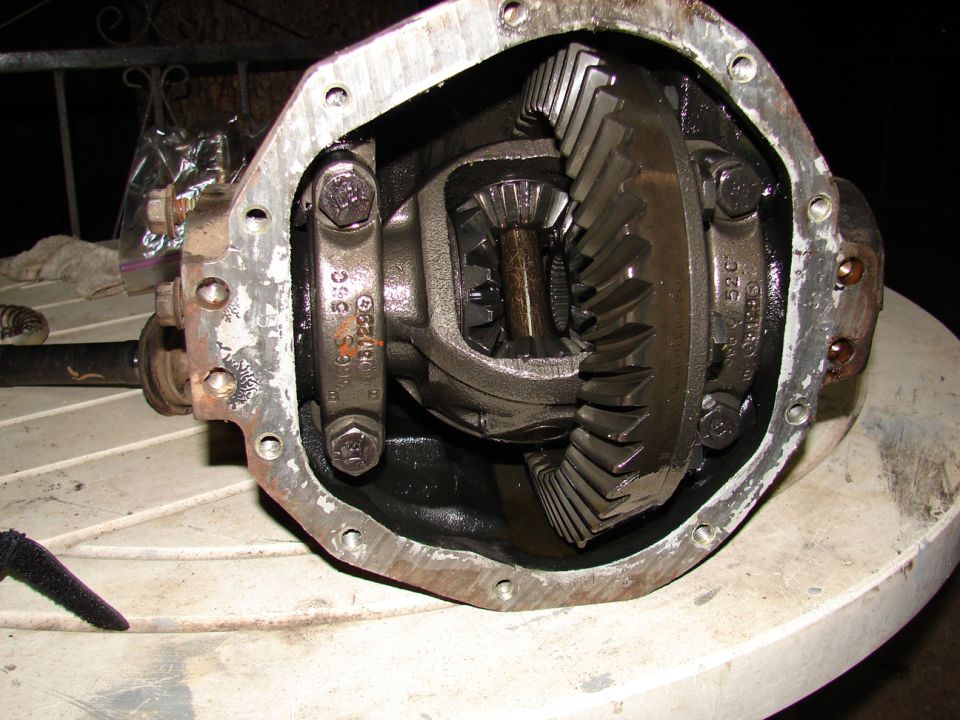 Open differential housing showing ring and pinion gears