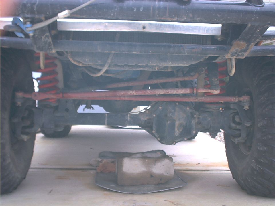 Undercarriage view of a vehicle's suspension and differential